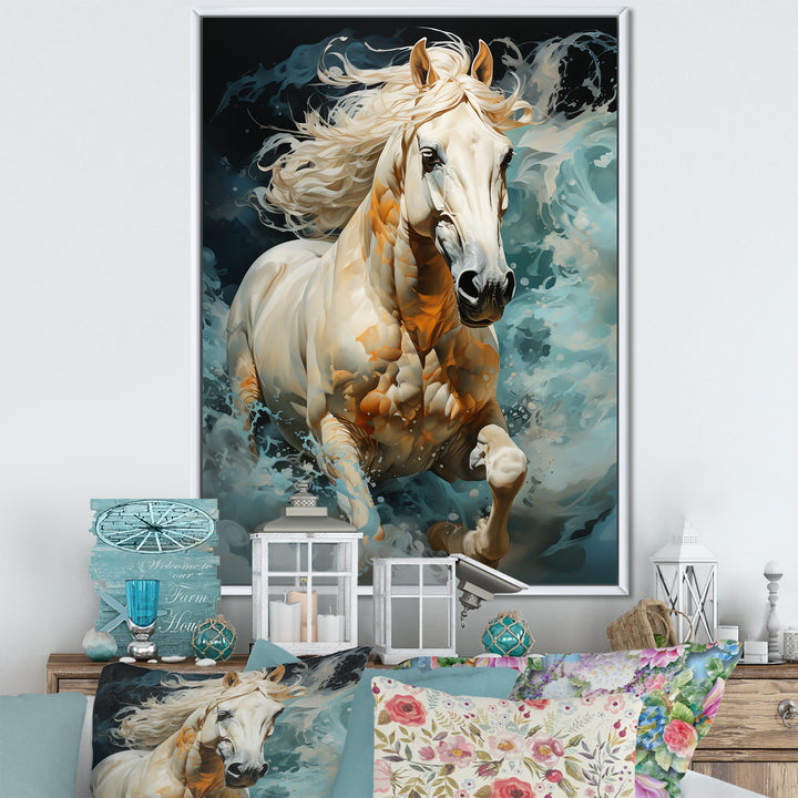 Whimsical Of A Horse Cantering In Fog - Beige Horse Wall Art