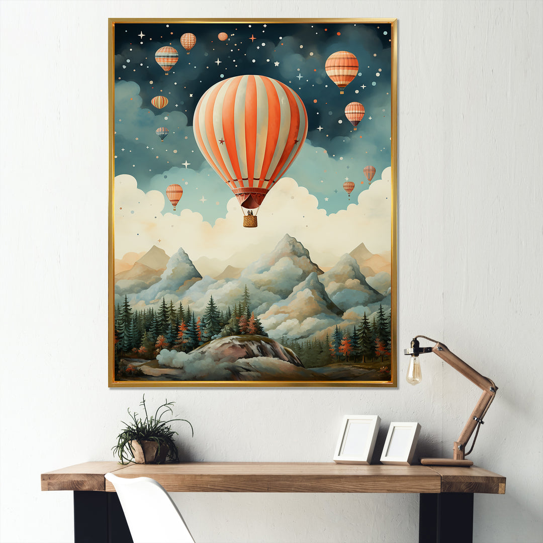 A Classic Art Study Of A Hot Air Balloon In Flight Mountain View - Hot Air Balloon Canvas Wall Art