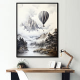 Monochrome Mountain Balloon Flight - Hot Air Balloon Canvas Wall Art