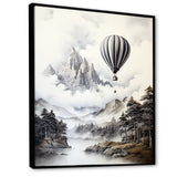 Monochrome Mountain Balloon Flight - Hot Air Balloon Canvas Wall Art