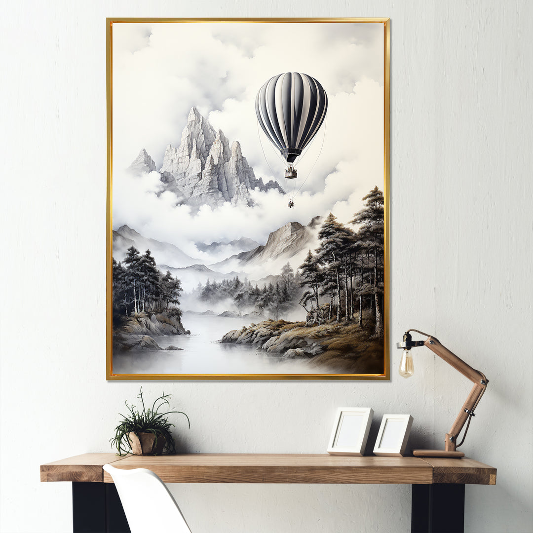 Monochrome Mountain Balloon Flight - Hot Air Balloon Canvas Wall Art