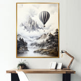 Monochrome Mountain Balloon Flight - Hot Air Balloon Canvas Wall Art