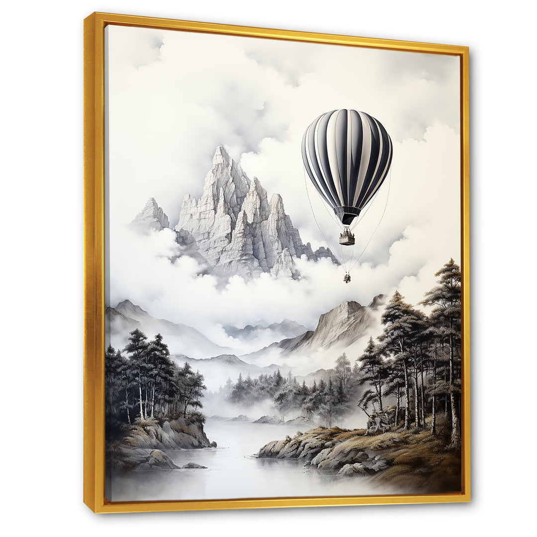 Monochrome Mountain Balloon Flight - Hot Air Balloon Canvas Wall Art