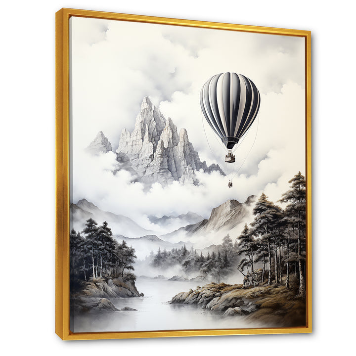 Monochrome Mountain Balloon Flight - Hot Air Balloon Canvas Wall Art
