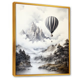 Monochrome Mountain Balloon Flight - Hot Air Balloon Canvas Wall Art