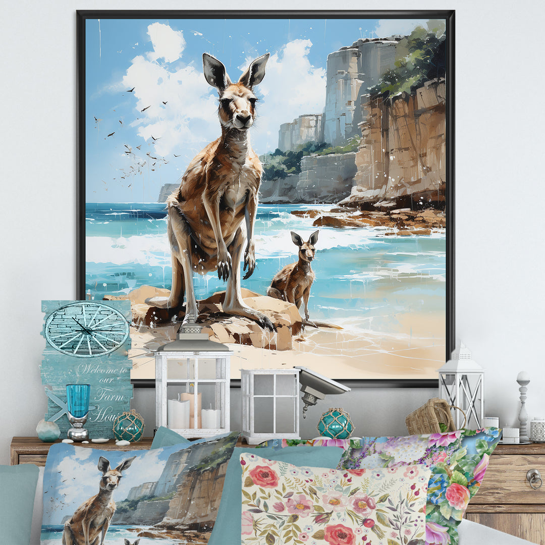 Kangaroo Family In Australia Coast - Blue Kangaroo Wall Art