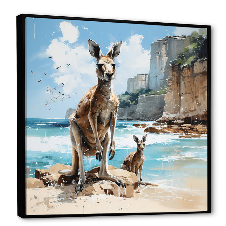Kangaroo Family In Australia Coast - Blue Kangaroo Wall Art