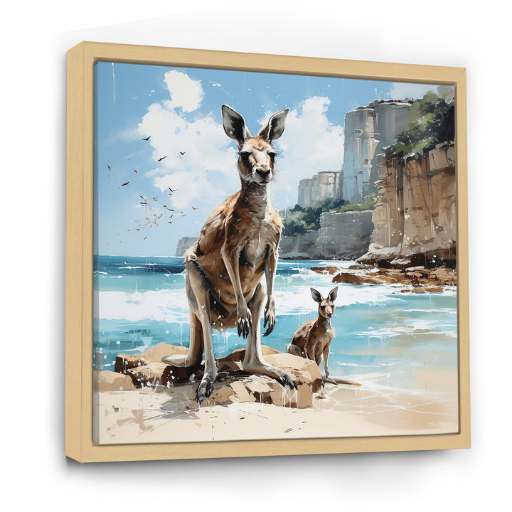 Kangaroo Family In Australia Coast - Blue Kangaroo Wall Art