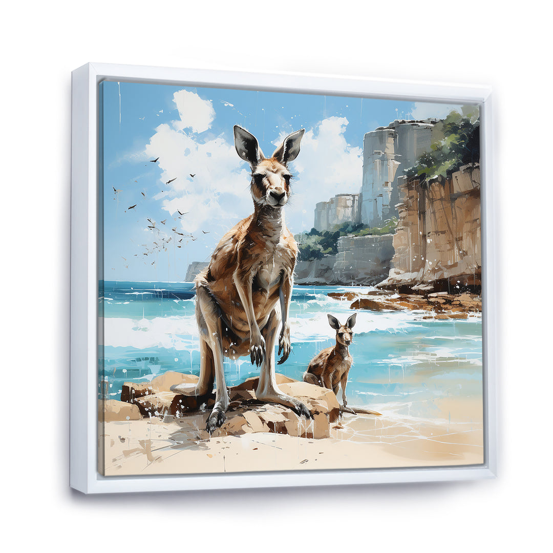 Kangaroo Family In Australia Coast - Blue Kangaroo Wall Art