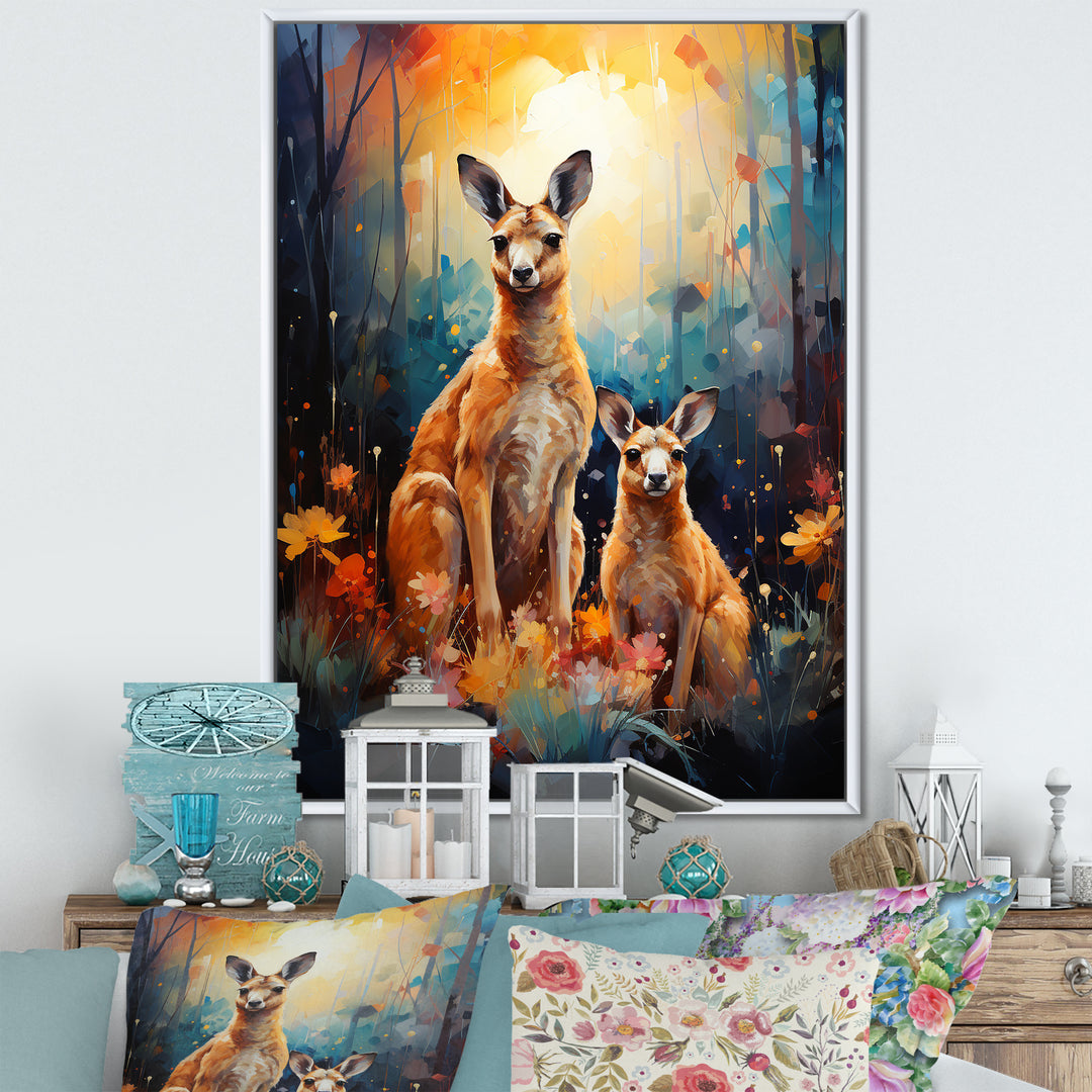 Cute Kangaroo Flower Oasis - Kangaroo Framed Canvas Art