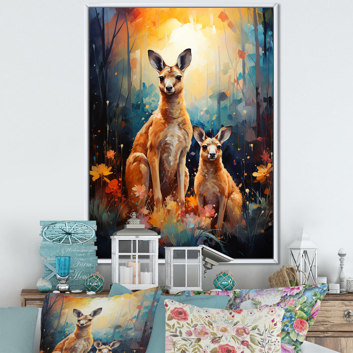 Cute Kangaroo Flower Oasis - Kangaroo Framed Canvas Art