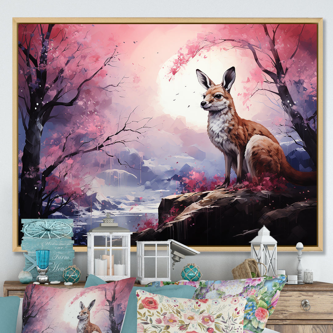 Moonlight Kangaroo Landscape - Pink Kangaroo Wall Art
