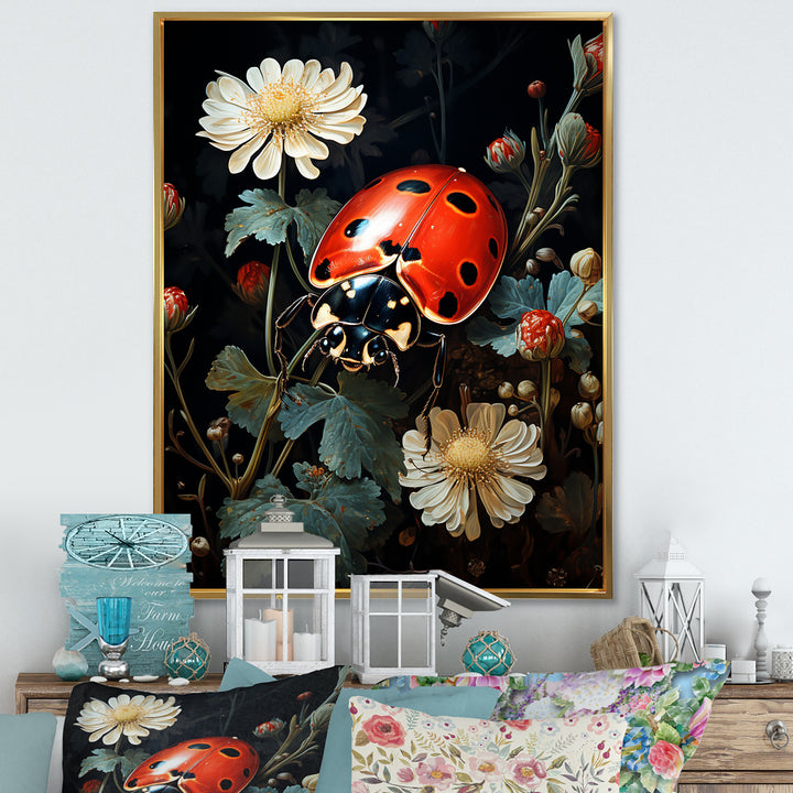 Ladybug Floral Nocturne - Ladybug Canvas Wall Art
