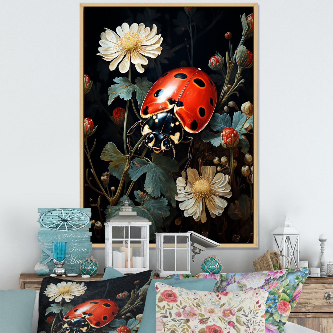 Ladybug Floral Nocturne - Ladybug Canvas Wall Art