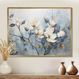 Elegant White And Blue Magnolias Tranquility - Floral Canvas Wall Art