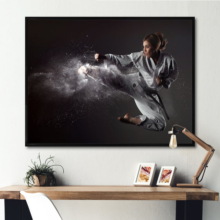 Karate Girl Mid Air Kick - Martial Arts Canvas Wall Art