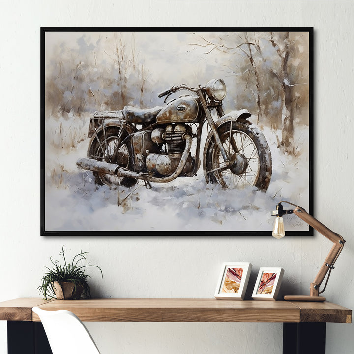Old Rustic Bike In Winter - Motorcycle Canvas Wall Art