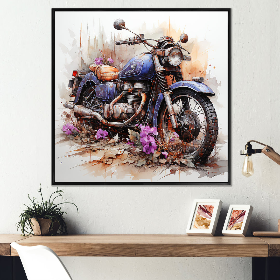 Watercolor Motorcycle Flower Path - Motorcycle Canvas Wall Art