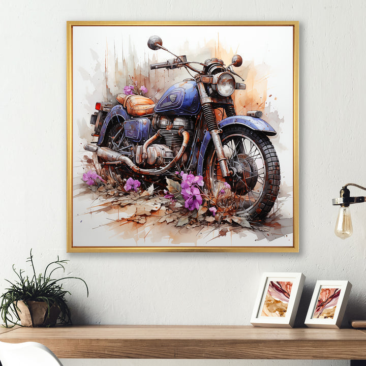Watercolor Motorcycle Flower Path - Motorcycle Canvas Wall Art