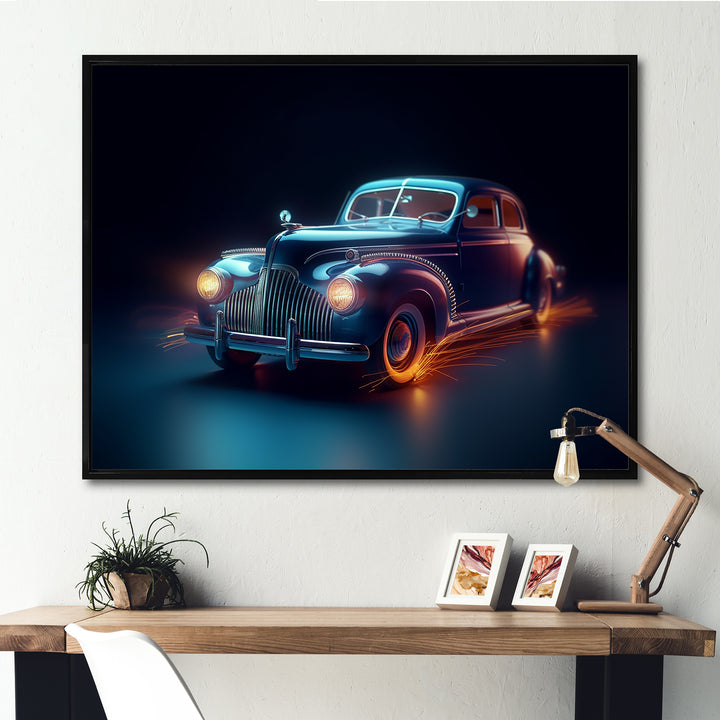Neon Light Strips Indigo Vintage Car - Car Vintage Canvas Wall Art