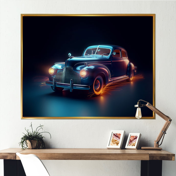 Neon Light Strips Indigo Vintage Car - Car Vintage Canvas Wall Art