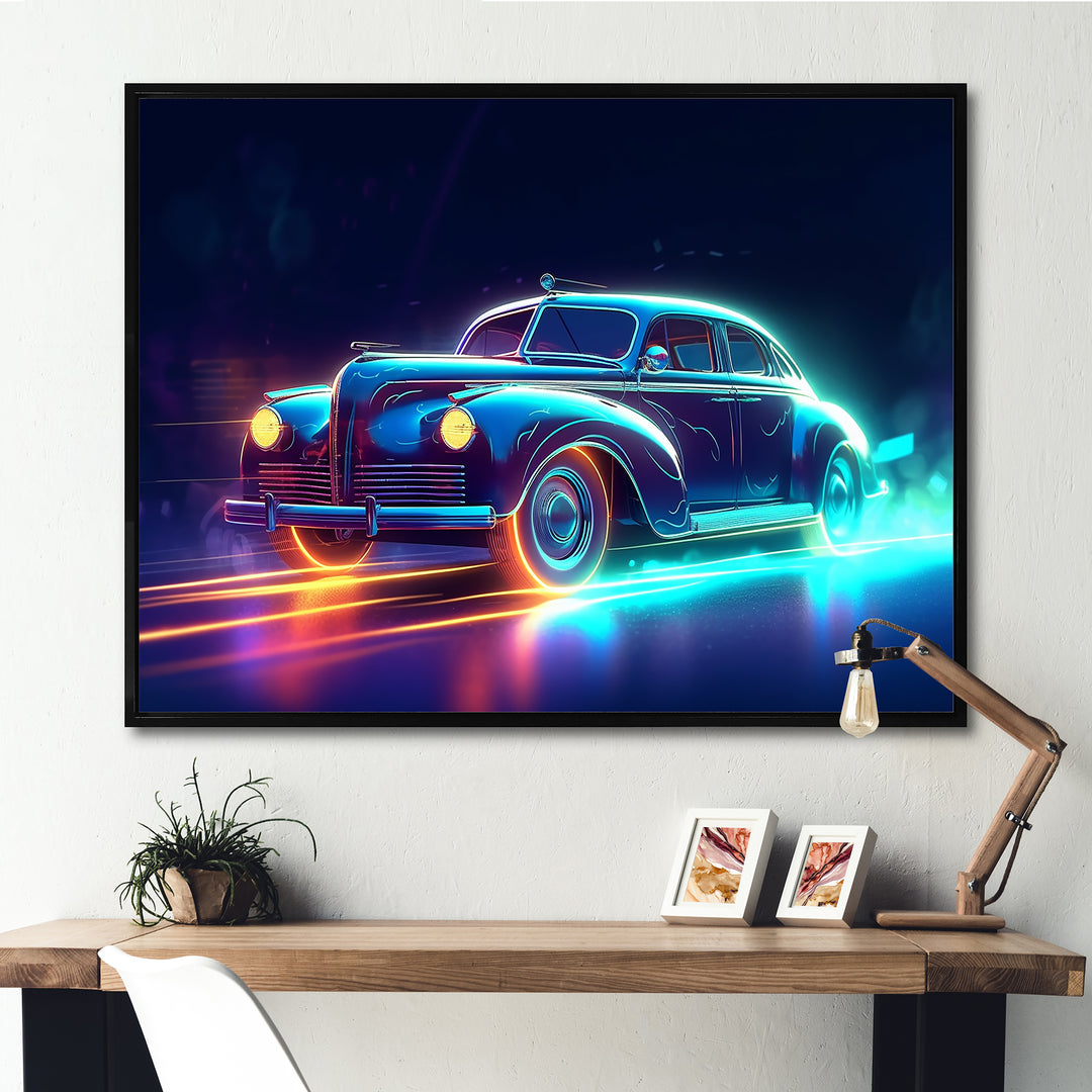Neon Light Strips Around Indigo Vintage Car - Car Vintage Canvas Wall Art