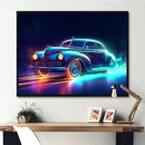 Neon Light Strips Around Indigo Vintage Car - Car Vintage Canvas Wall Art