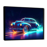 Neon Light Strips Around Indigo Vintage Car - Car Vintage Canvas Wall Art