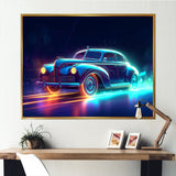 Neon Light Strips Around Indigo Vintage Car - Car Vintage Canvas Wall Art
