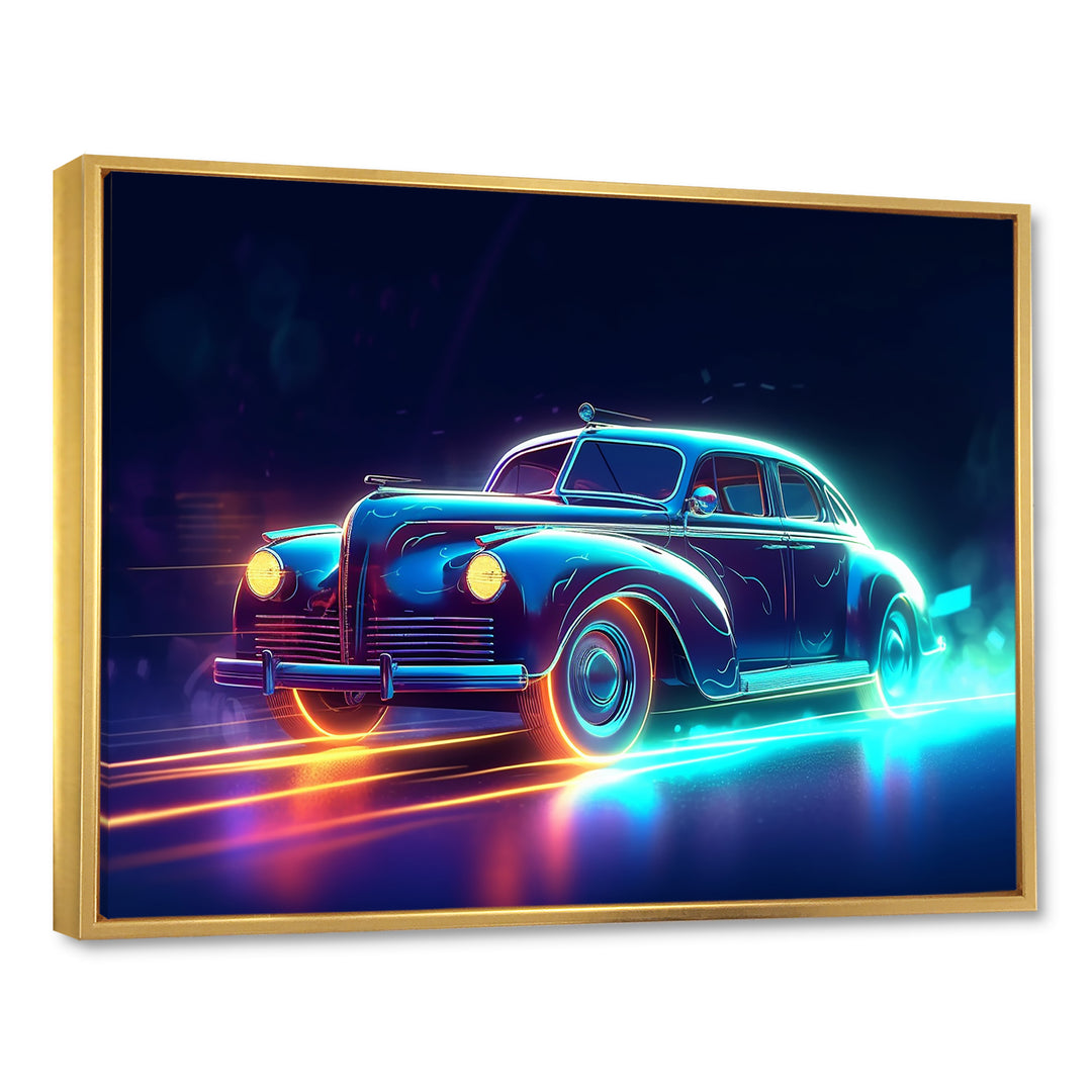 Neon Light Strips Around Indigo Vintage Car - Car Vintage Canvas Wall Art