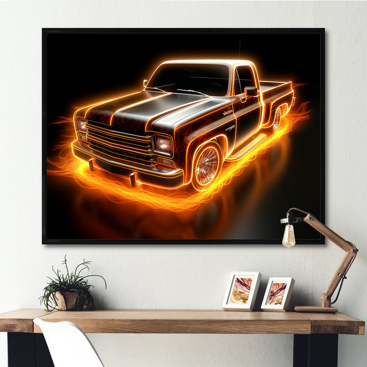 Neon Light Strips Orange Pickup Truck - Truck Pickup Canvas Wall Art