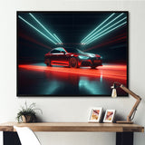 Neon Light Strips Around Red Sedan - Car/Van Canvas Wall Art