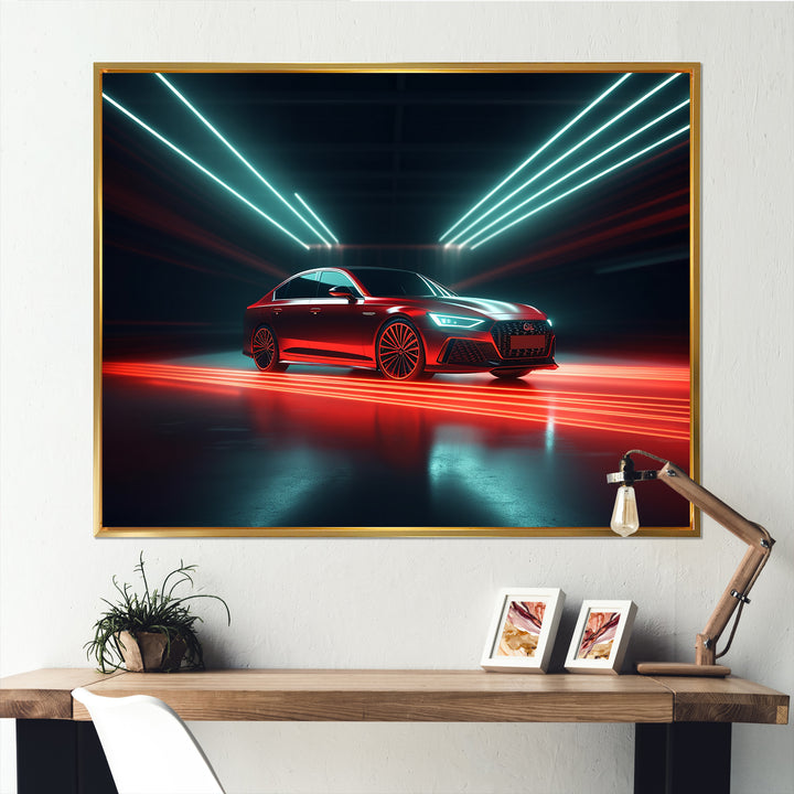 Neon Light Strips Around Red Sedan - Car/Van Canvas Wall Art