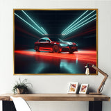 Neon Light Strips Around Red Sedan - Car/Van Canvas Wall Art