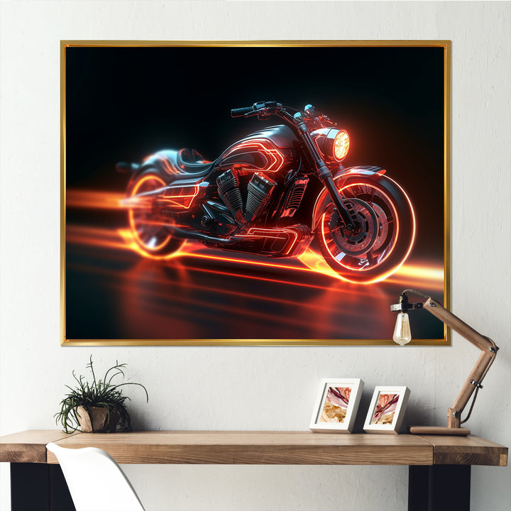 Neon Light Strips Around Silver Motorcycle - Canvas Wall Art