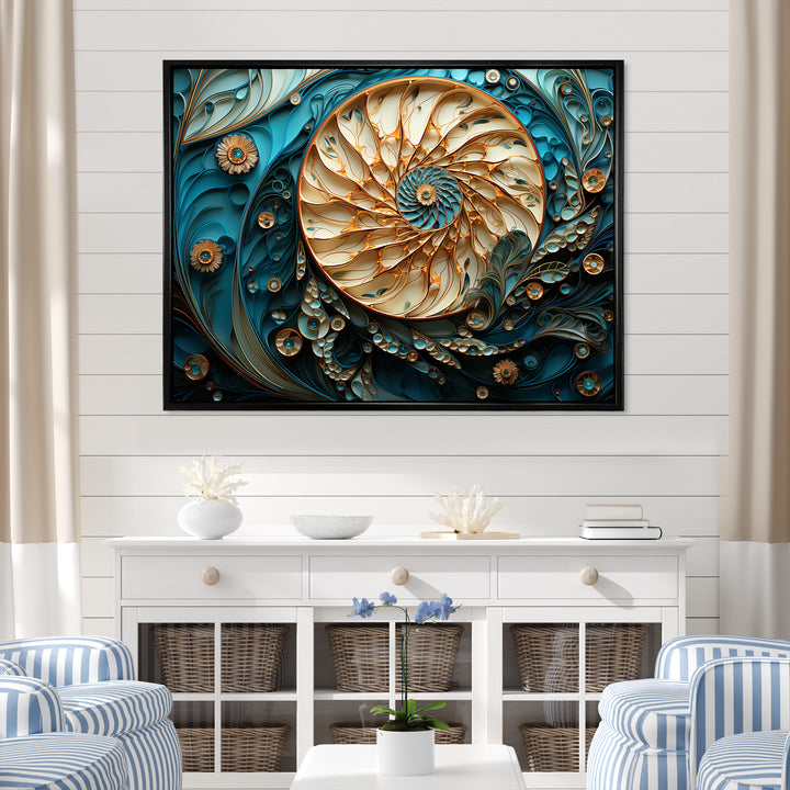 Gold And Blue Nautilus Vortex - Nautilus Canvas Wall Art