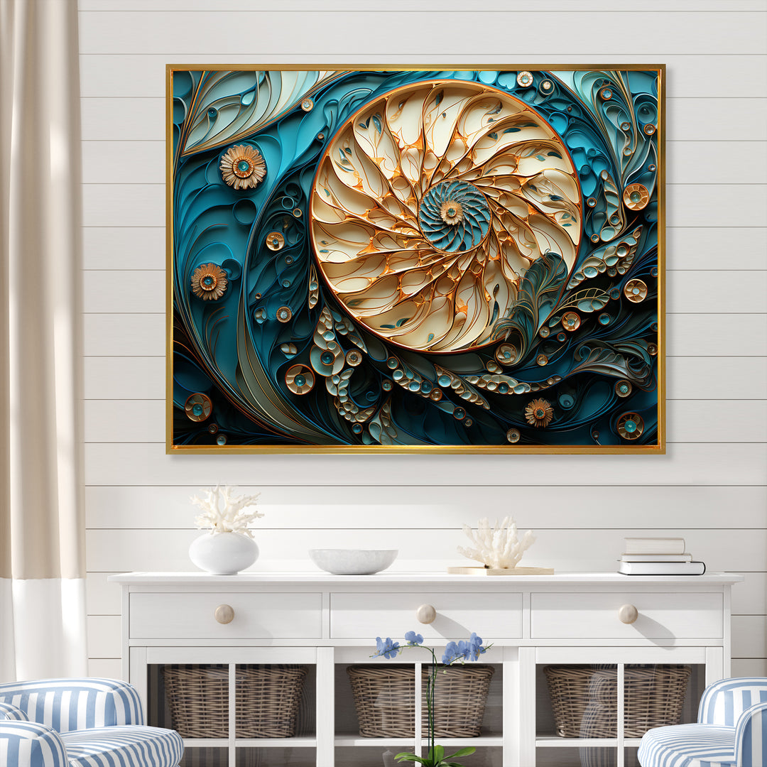 Gold And Blue Nautilus Vortex - Nautilus Canvas Wall Art