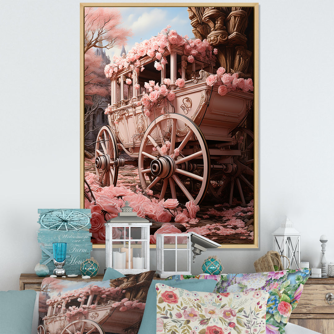 Romanticism Pink Wedding Carriage - Old American Cart Canvas Wall Art