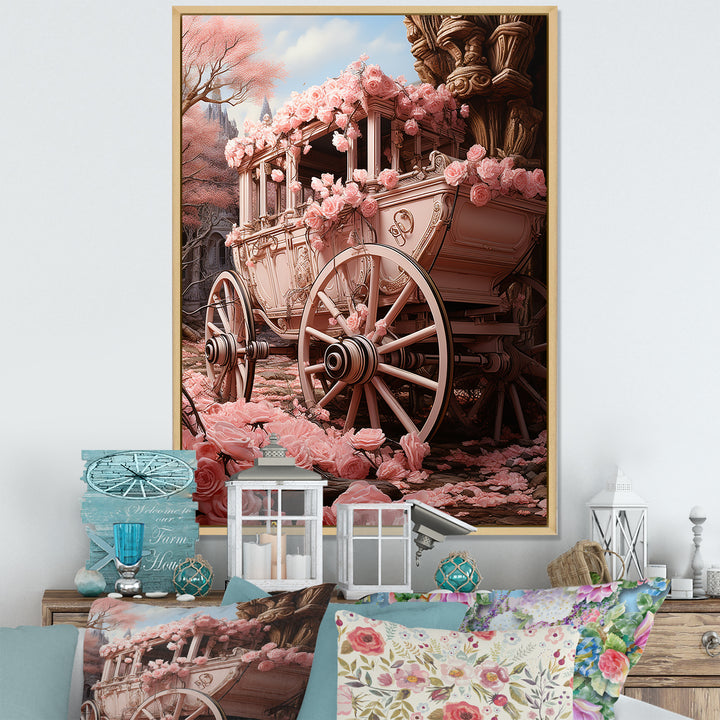 Romanticism Pink Wedding Carriage - Old American Cart Canvas Wall Art