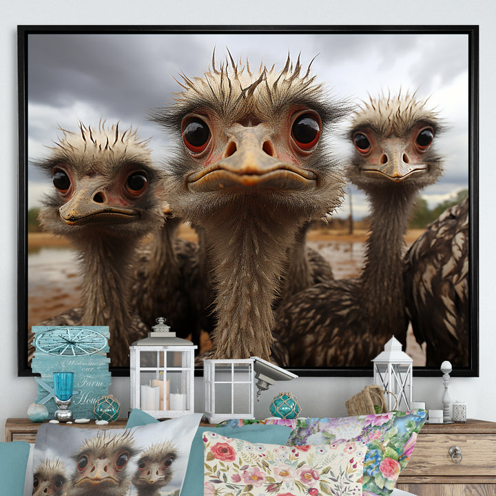 Monochrome Grey Ostriches Portrait - Beige Ostriches Wall Art