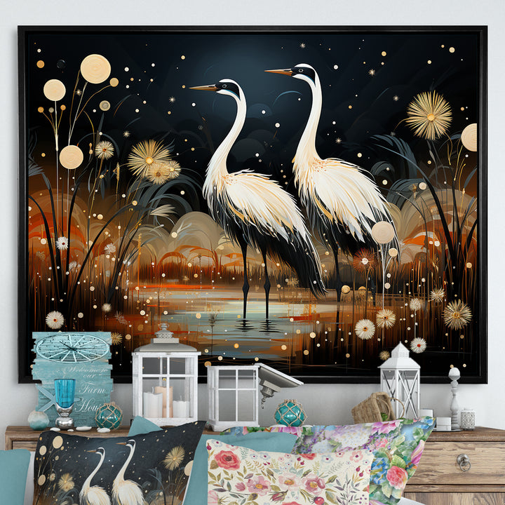 Mystic Ostriches Silhouettes By The Pond - Ostriches Framed Canvas Art