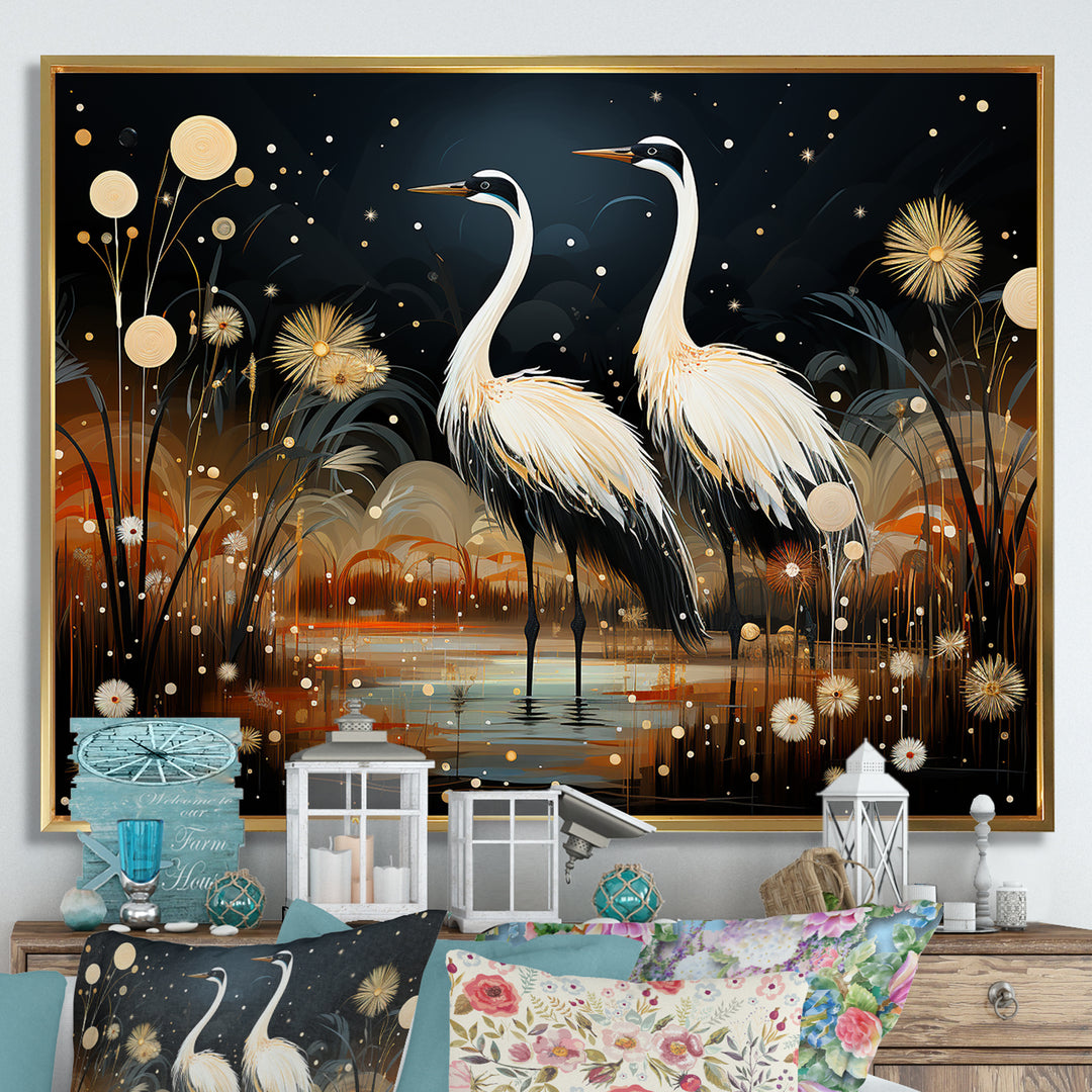 Mystic Ostriches Silhouettes By The Pond - Ostriches Framed Canvas Art
