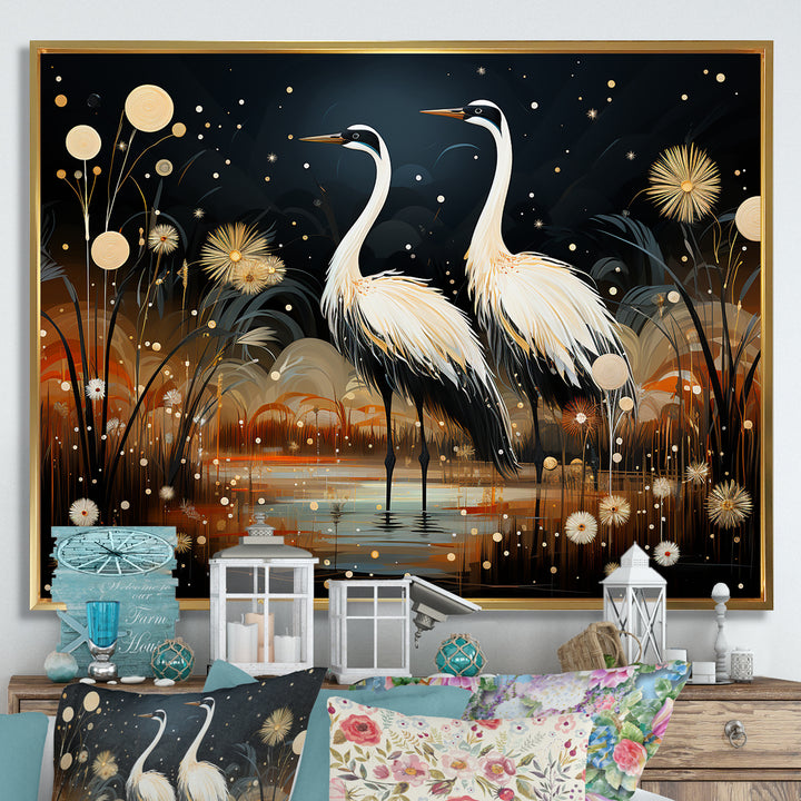 Mystic Ostriches Silhouettes By The Pond - Ostriches Framed Canvas Art