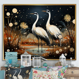 Mystic Ostriches Silhouettes By The Pond - Ostriches Framed Canvas Art
