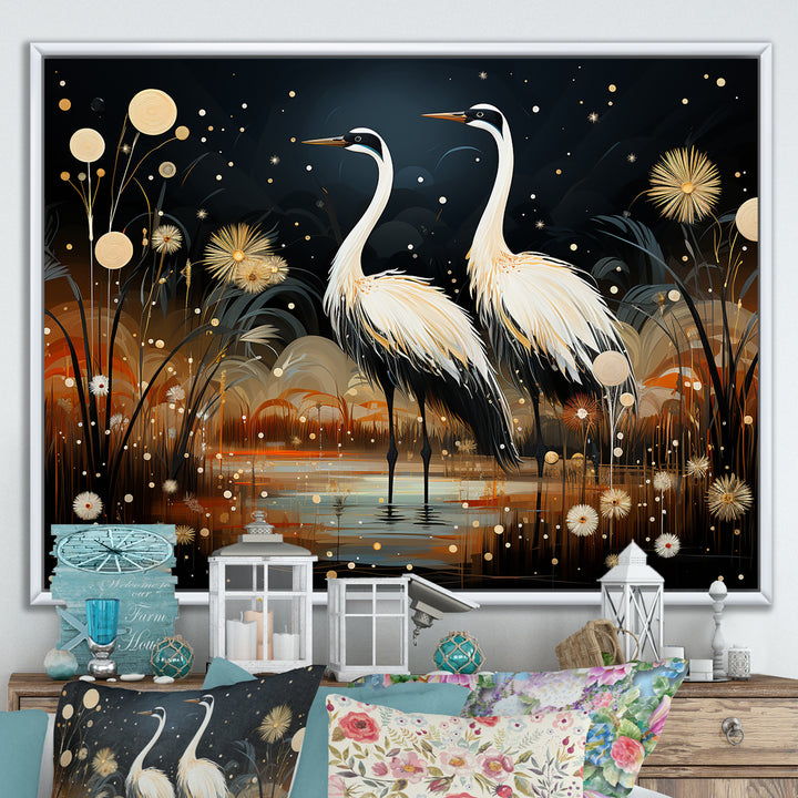 Mystic Ostriches Silhouettes By The Pond - Ostriches Framed Canvas Art