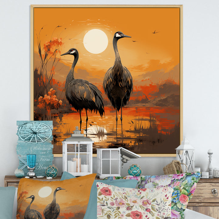 Ostriches At Dusk By The Pond - Ostriches Living Room Wall Art