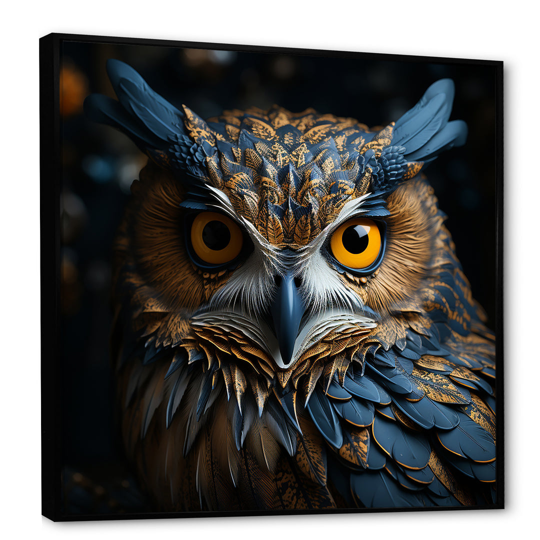 Blue And Yellow Majestic Owl Contemporary Stare - Blue Owl Wall Art