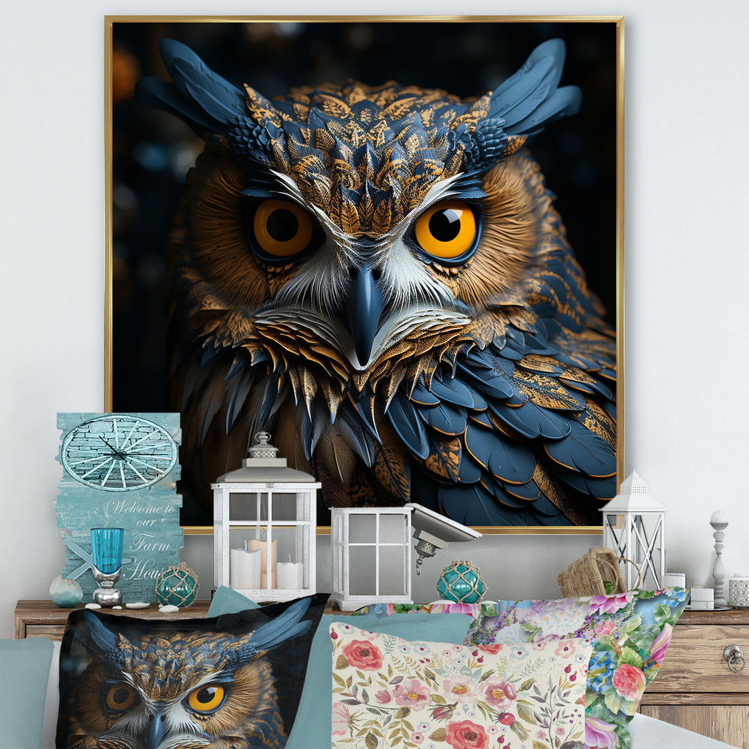 Blue And Yellow Majestic Owl Contemporary Stare - Blue Owl Wall Art