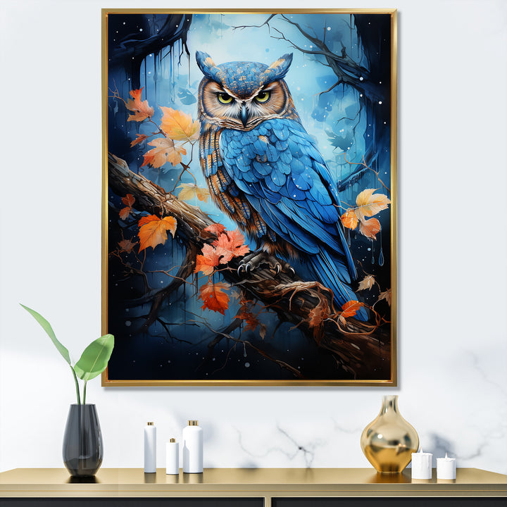 Blue Owls Moonlight Realm - Owl Framed Canvas Art