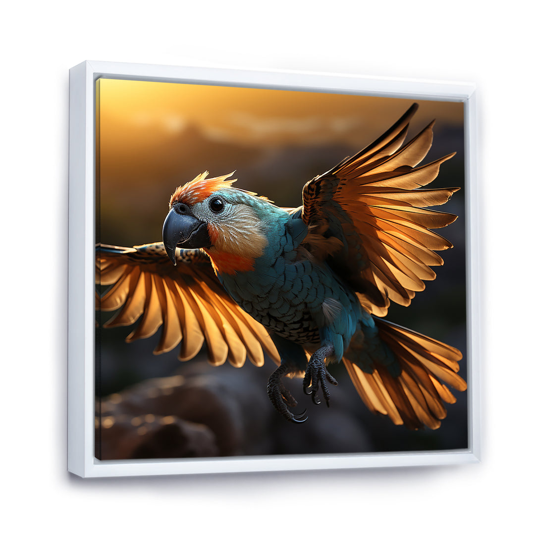 Blue Parrots Sunset Golden Flight - Parrot Wall Decor